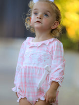 Fall Pink Plaid Ruffle Ballet Shoe Embroidery Long Sleeve Romper - Rylee Faith Designs - Flyclothing LLC