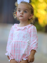 Fall Pink Plaid Ruffle Ballet Shoe Embroidery Long Sleeve Romper - Rylee Faith Designs - Flyclothing LLC