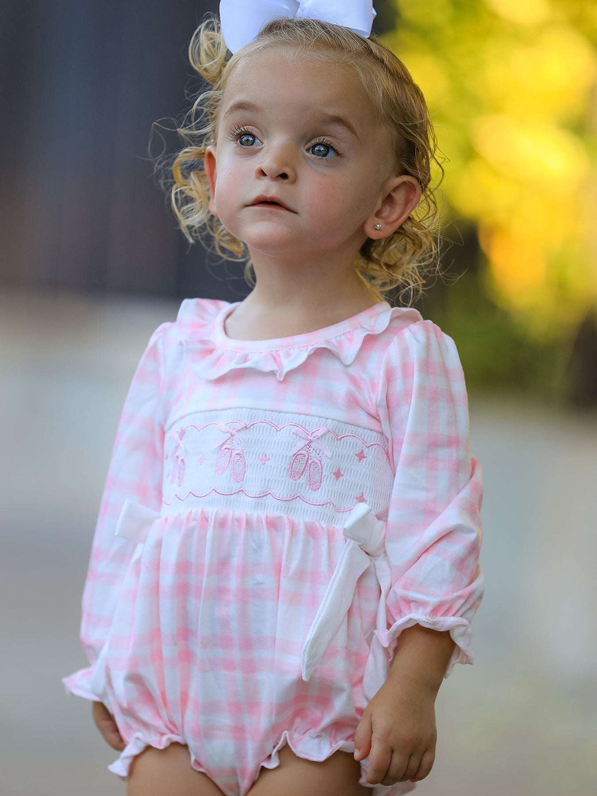 Fall Pink Plaid Ruffle Ballet Shoe Embroidery Long Sleeve Romper - Rylee Faith Designs - Flyclothing LLC