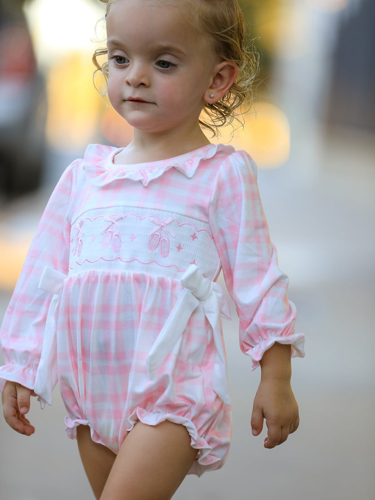 Fall Pink Plaid Ruffle Ballet Shoe Embroidery Long Sleeve Romper - Rylee Faith Designs - Flyclothing LLC