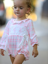Fall Pink Plaid Ruffle Ballet Shoe Embroidery Long Sleeve Romper - Rylee Faith Designs - Flyclothing LLC