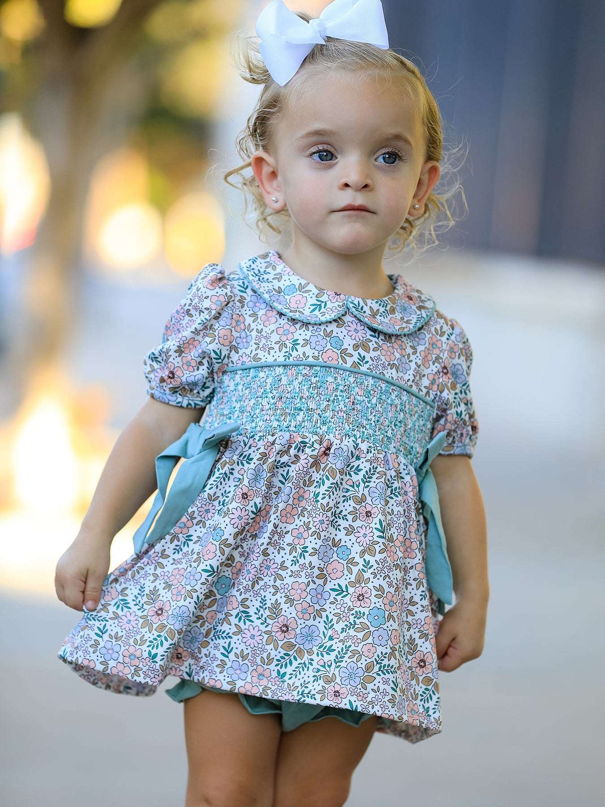 Sage Green Floral Smocked Girl Bloomer Set - Rylee Faith Designs - Flyclothing LLC
