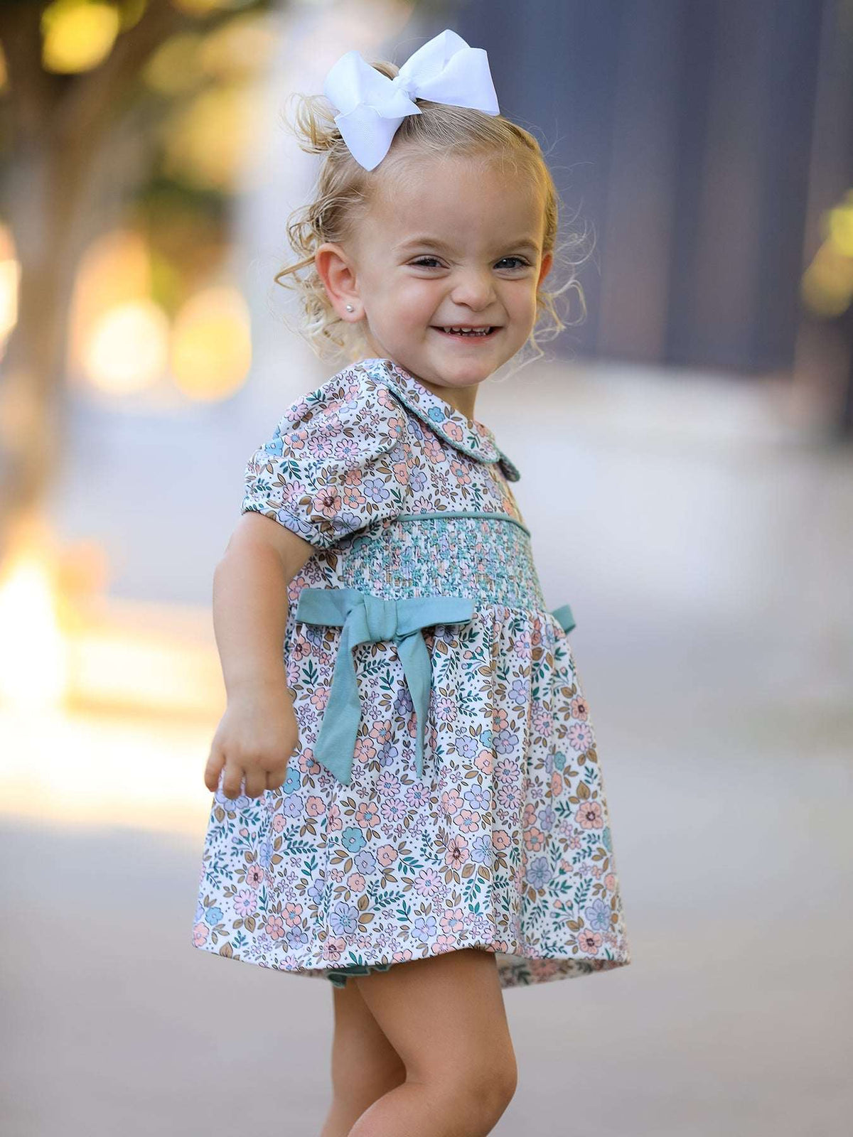 Sage Green Floral Smocked Girl Bloomer Set - Rylee Faith Designs - Flyclothing LLC