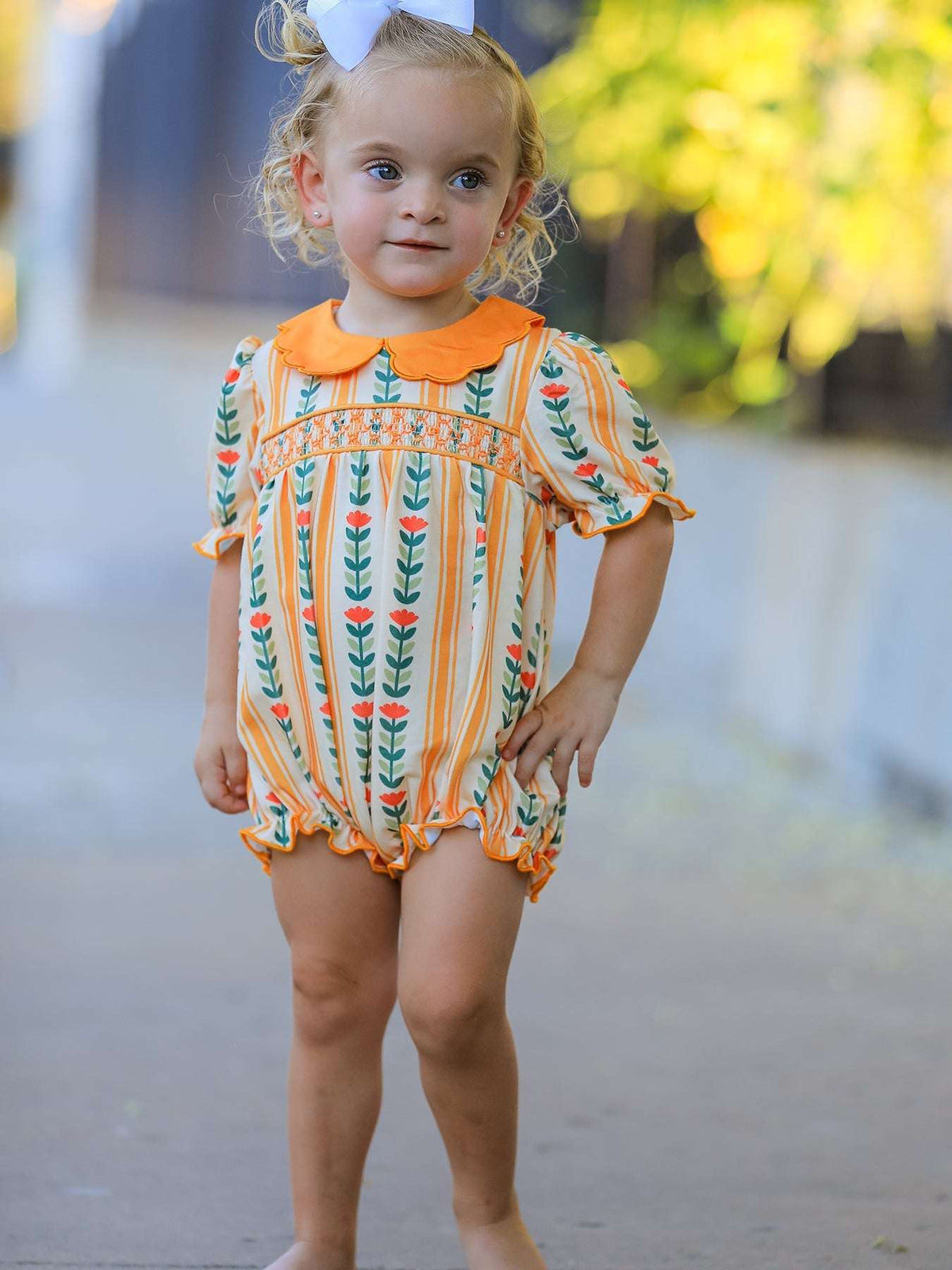 Fall Floral Stripe Baby Girls Romper Petals Collar Smocked