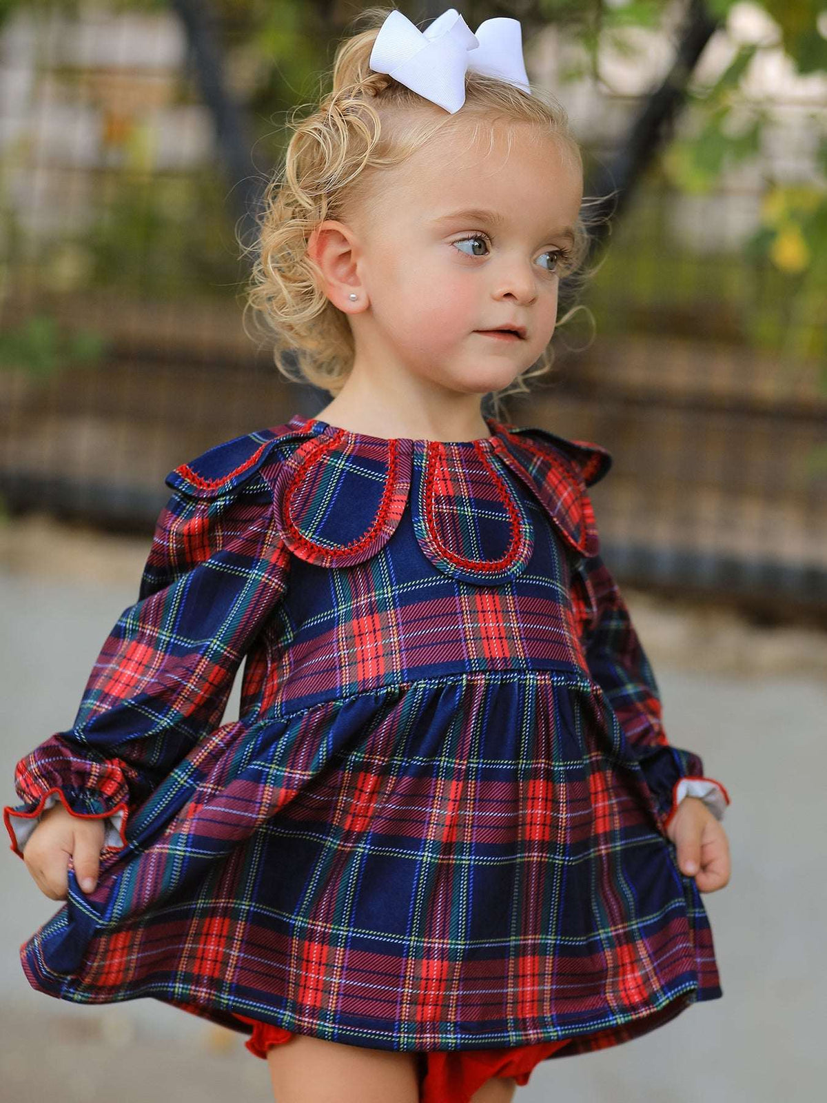 Fall Plaid Girl Set Petal Collar Puff Sleeve Bloomer - Rylee Faith Designs - Flyclothing LLC