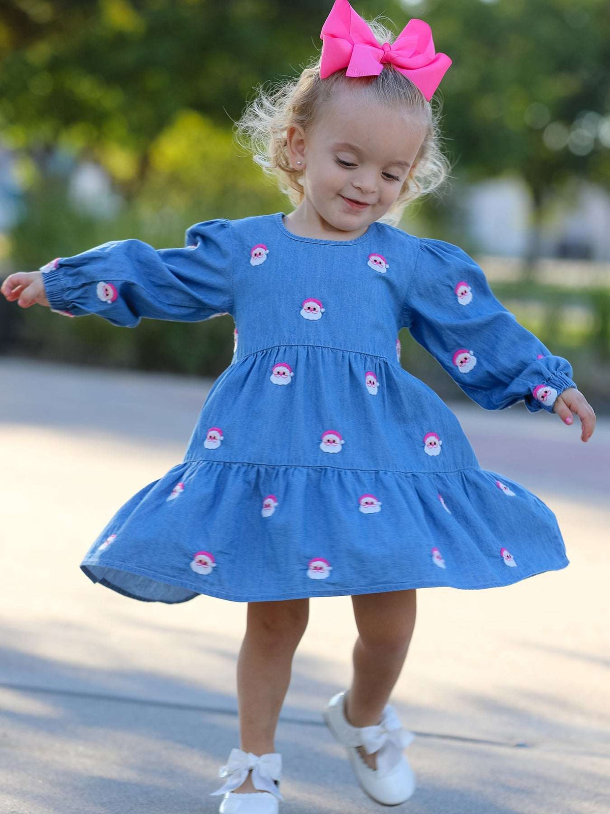 Christmas Santa Embroidered Girls Denim Dress