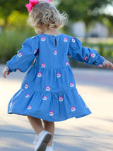 Christmas Santa Embroidered Girls Denim Dress
