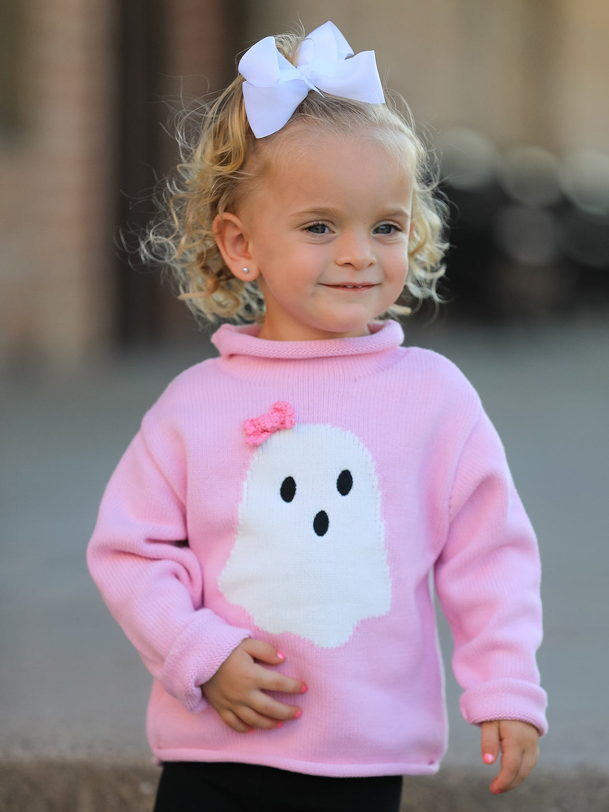 Girls Ghost Bow Knit Sweater Halloween Cute Embroidered Pullover - Rylee Faith Designs - Flyclothing LLC