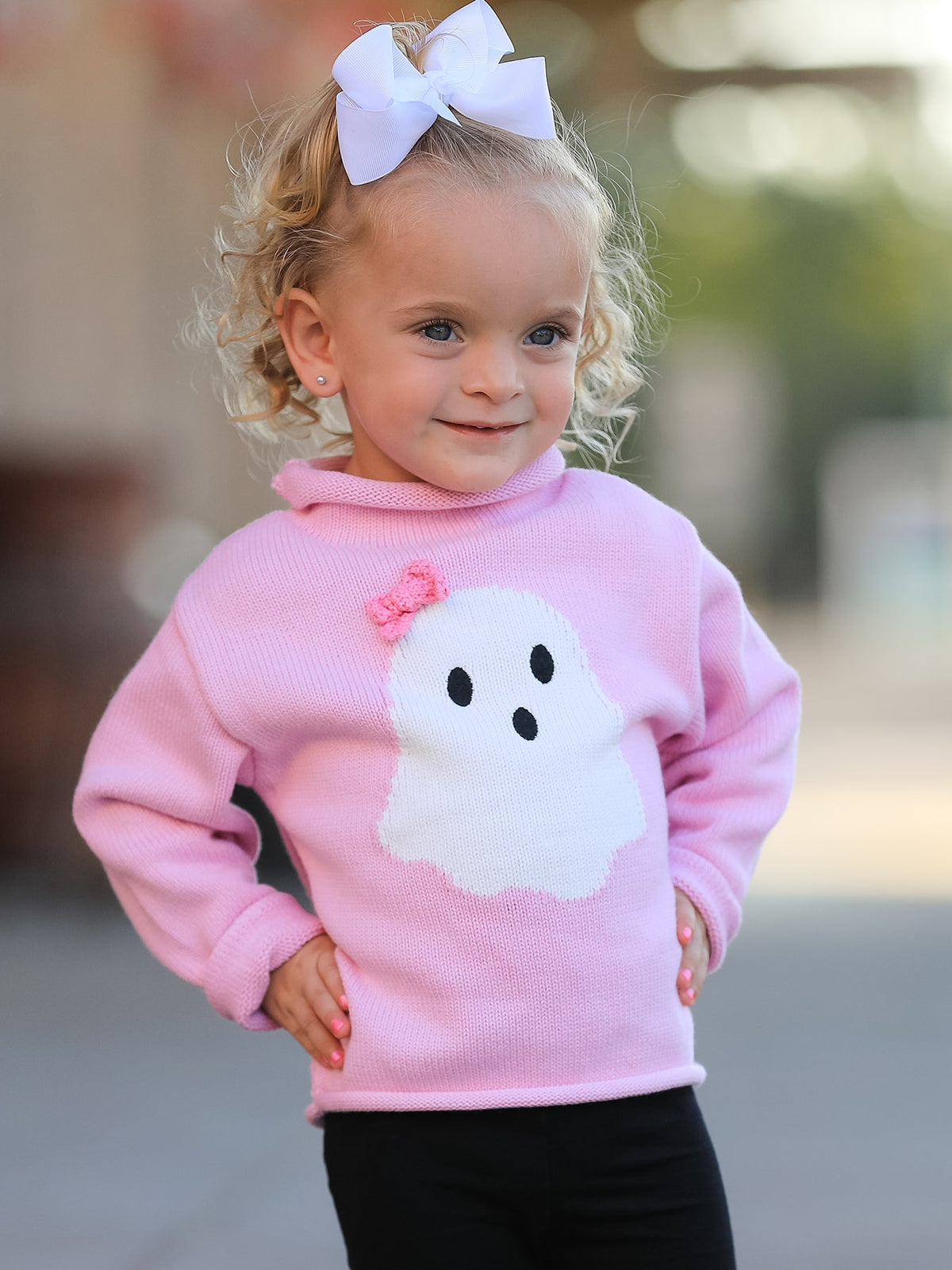 Girls Ghost Bow Knit Sweater Halloween Cute Embroidered Pullover - Rylee Faith Designs - Flyclothing LLC