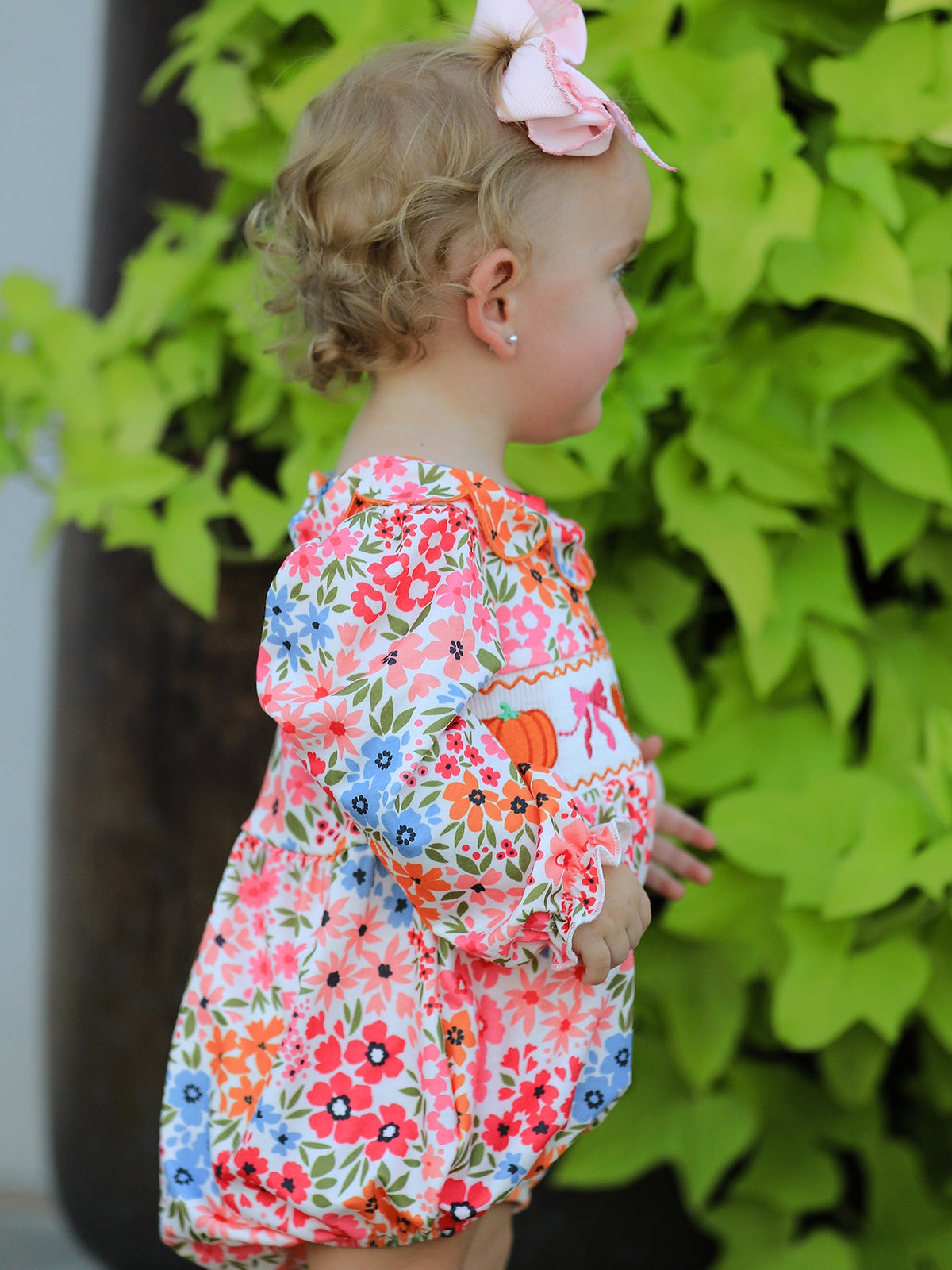 Fall Halloween & Thanksgiving Pumpkin Bow Smock Embroidered Floral Baby Girl Romper - Rylee Faith Designs - Flyclothing LLC