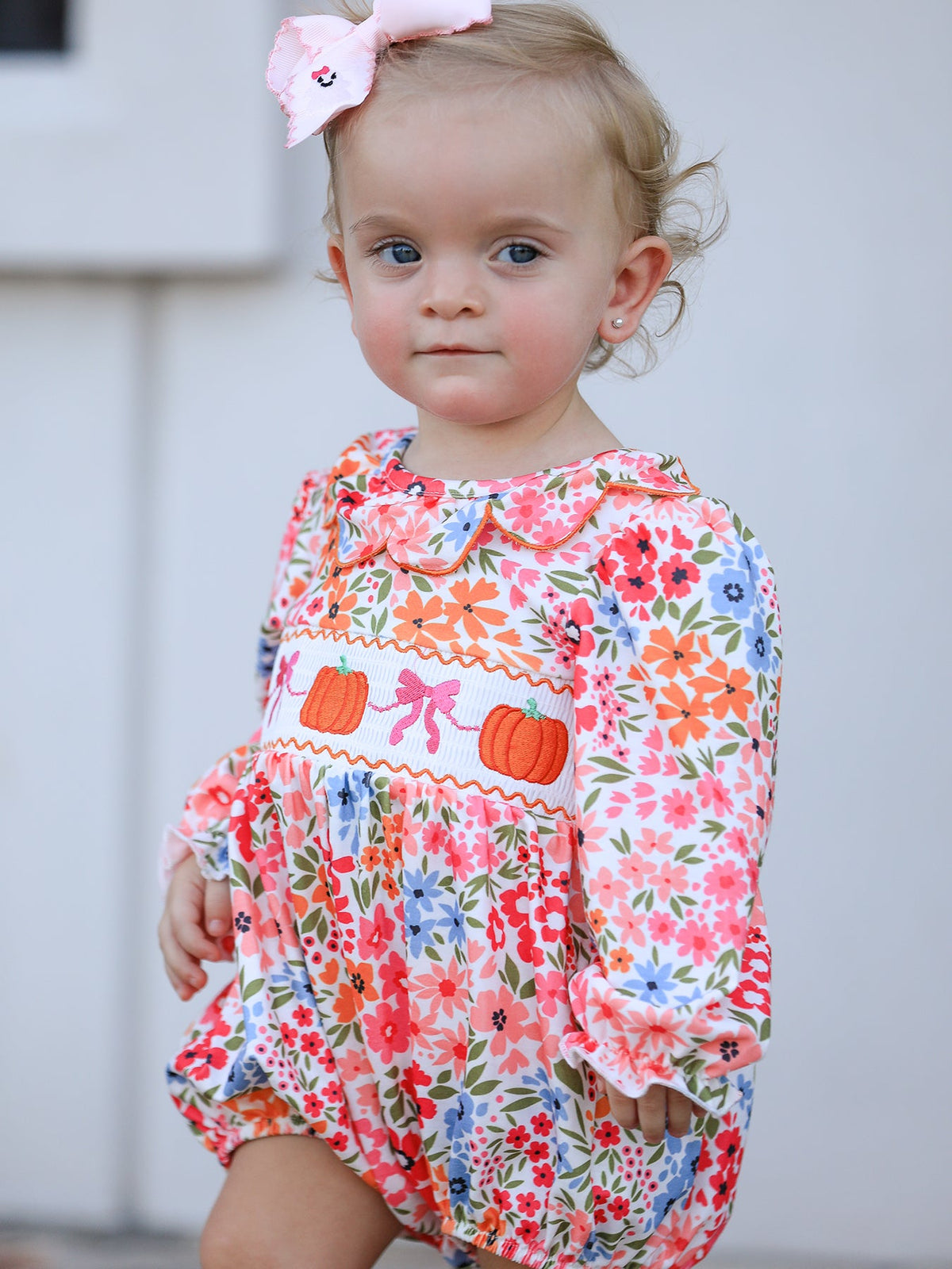 Fall Halloween & Thanksgiving Pumpkin Bow Smock Embroidered Floral Baby Girl Romper - Rylee Faith Designs - Flyclothing LLC