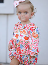 Fall Halloween & Thanksgiving Pumpkin Bow Smock Embroidered Floral Baby Girl Romper - Rylee Faith Designs - Flyclothing LLC