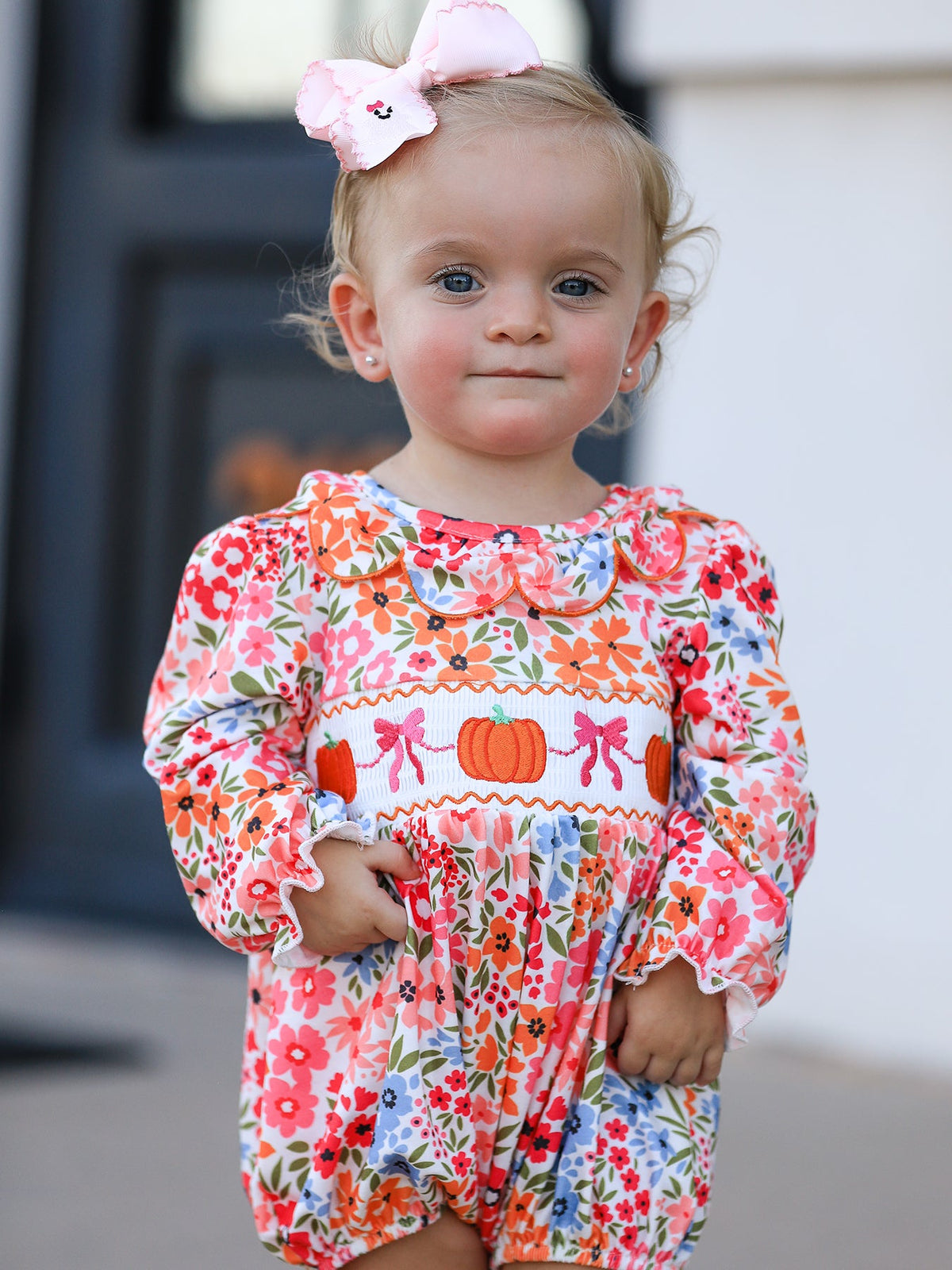 Fall Halloween & Thanksgiving Pumpkin Bow Smock Embroidered Floral Baby Girl Romper - Rylee Faith Designs - Flyclothing LLC