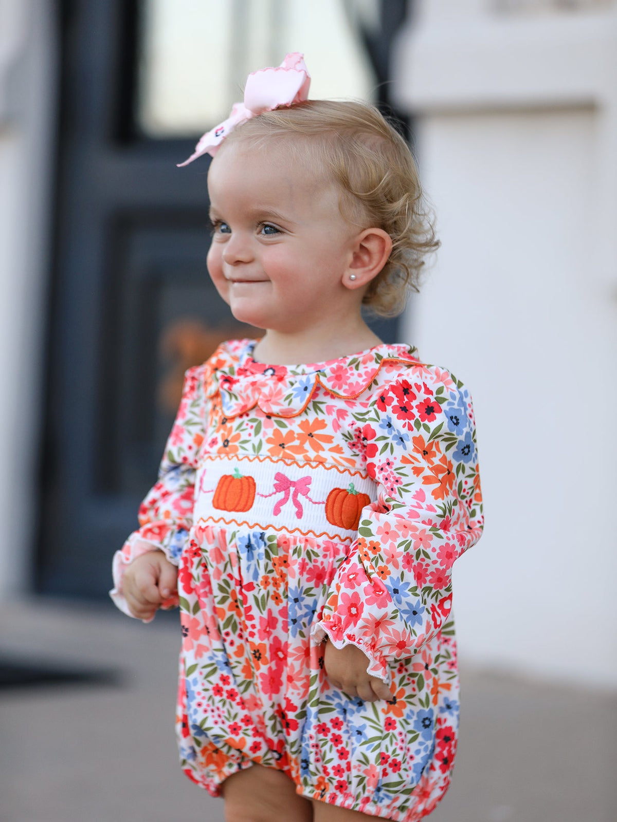 Fall Halloween & Thanksgiving Pumpkin Bow Smock Embroidered Floral Baby Girl Romper - Rylee Faith Designs - Flyclothing LLC