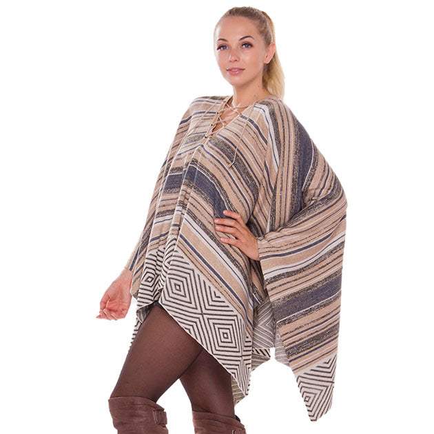 Geometric Stripe Lace Up Detail Poncho Wrap - Madeline Love - Flyclothing LLC