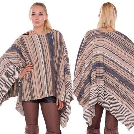Geometric Stripe Lace Up Detail Poncho Wrap - Madeline Love - Flyclothing LLC