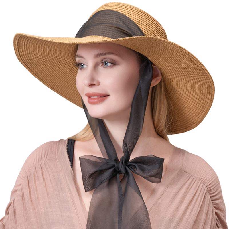 Mesh Ribbon Floppy Straw Sun Hat - Madeline Love - Flyclothing LLC