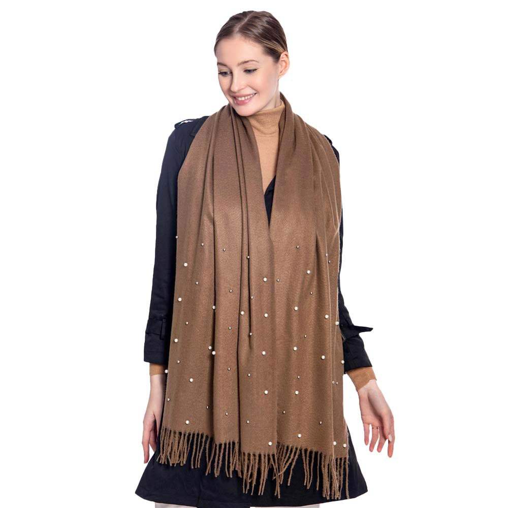 Pearl Embellished Solid Oblong Scarf - Madeline Love - Flyclothing LLC