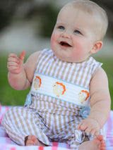 Fall Thanksgiving Apricot Plaid Chick Embroidery Smocking Baby Boys Romper
