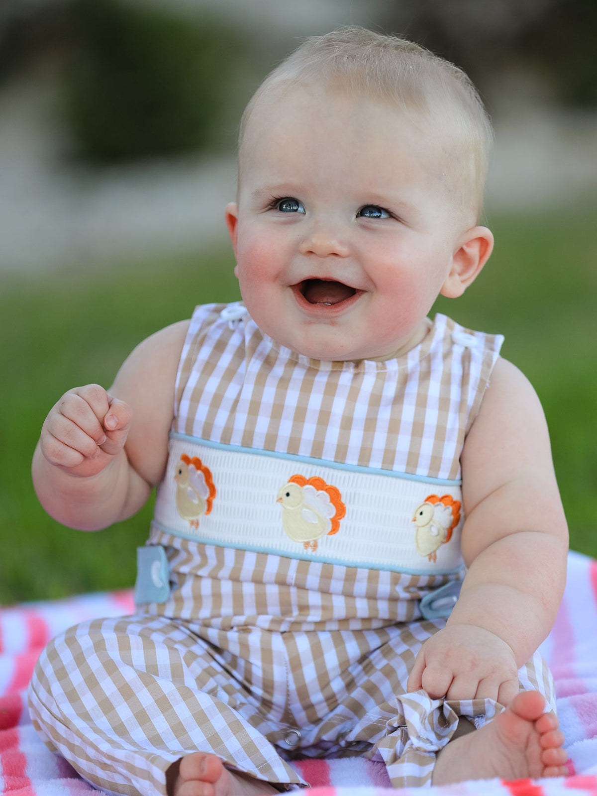 Fall Thanksgiving Apricot Plaid Chick Embroidery Smocking Baby Boys Romper
