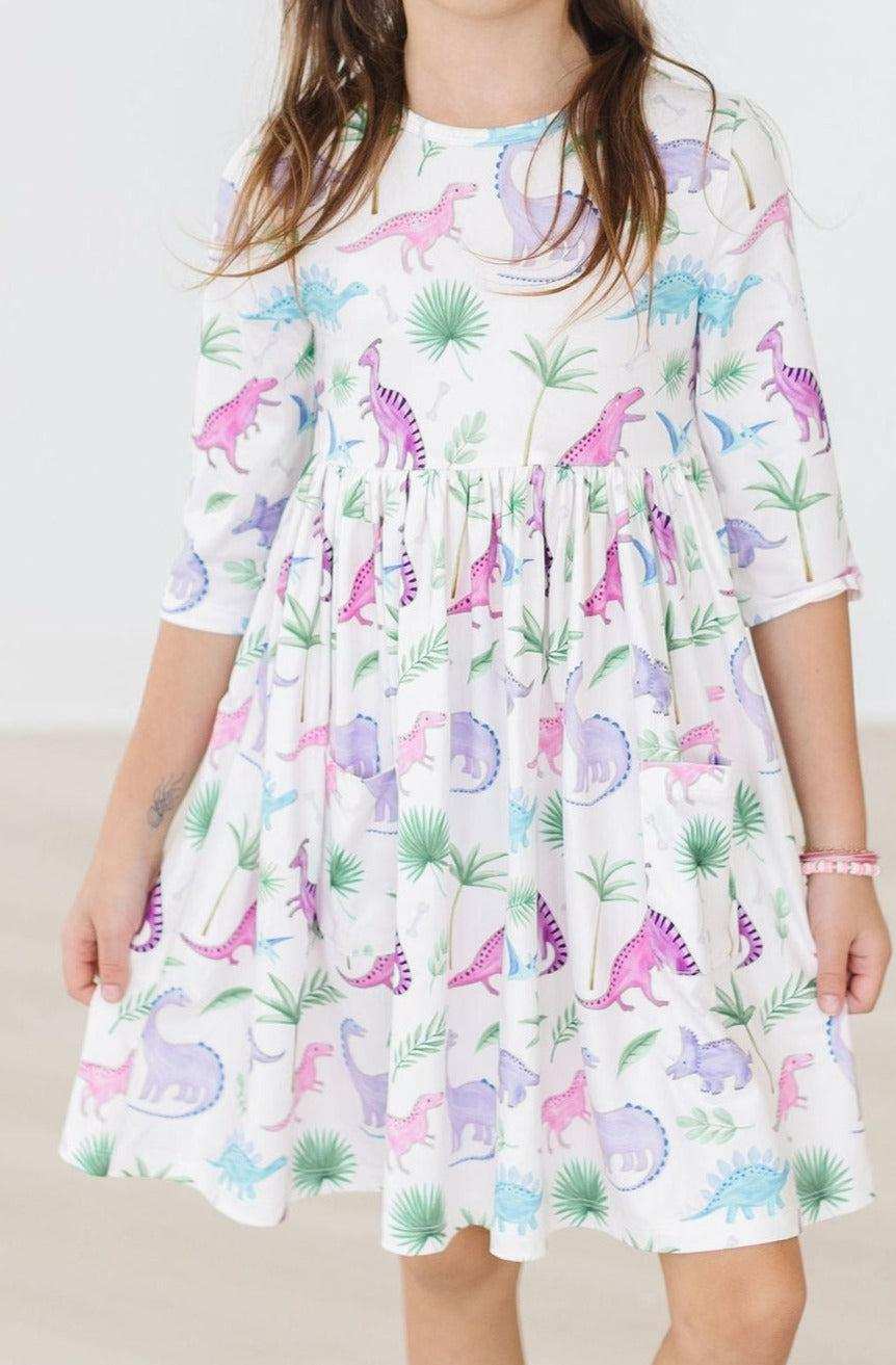 Dino Darling 3/4 Sleeve Pocket Twirl Dress - Mila & Rose ® - Flyclothing LLC
