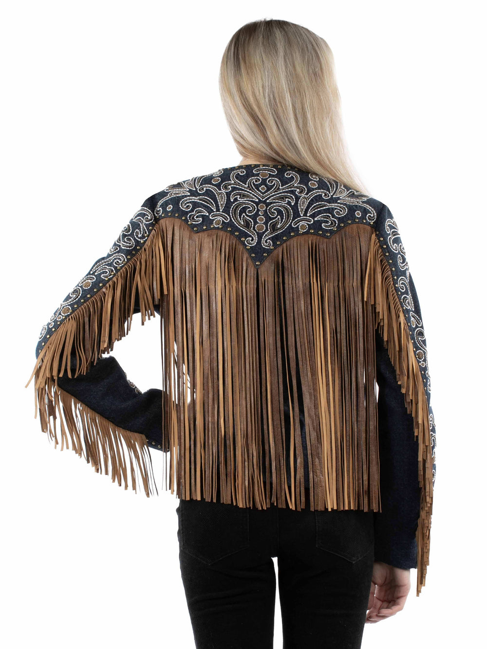 Scully Leather Denim Embroidered Studded Fringe Jacket - Scully Leather - Flyclothing LLC