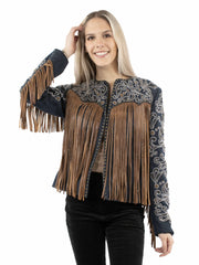 Scully Leather Denim Embroidered Studded Fringe Jacket