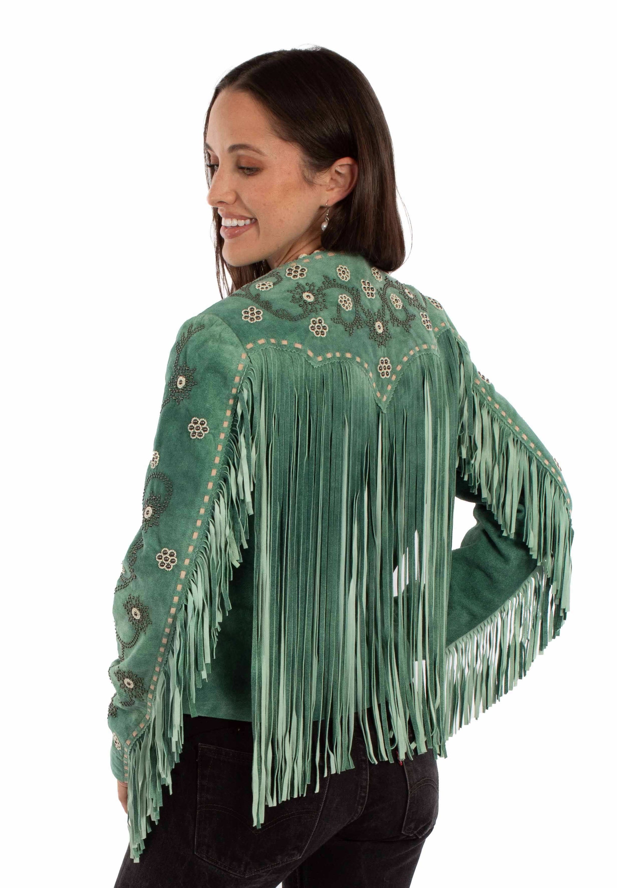 Leatherwear womens 100% leather Teal Ladies beaded/fringe jacket - Scully Leather - Flyclothing LLC