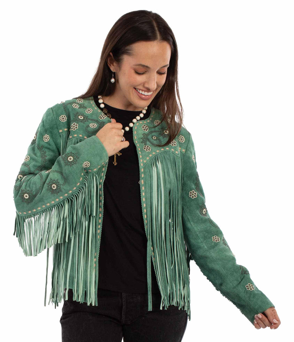 Leatherwear womens 100% leather Teal Ladies beaded/fringe jacket - Scully Leather
