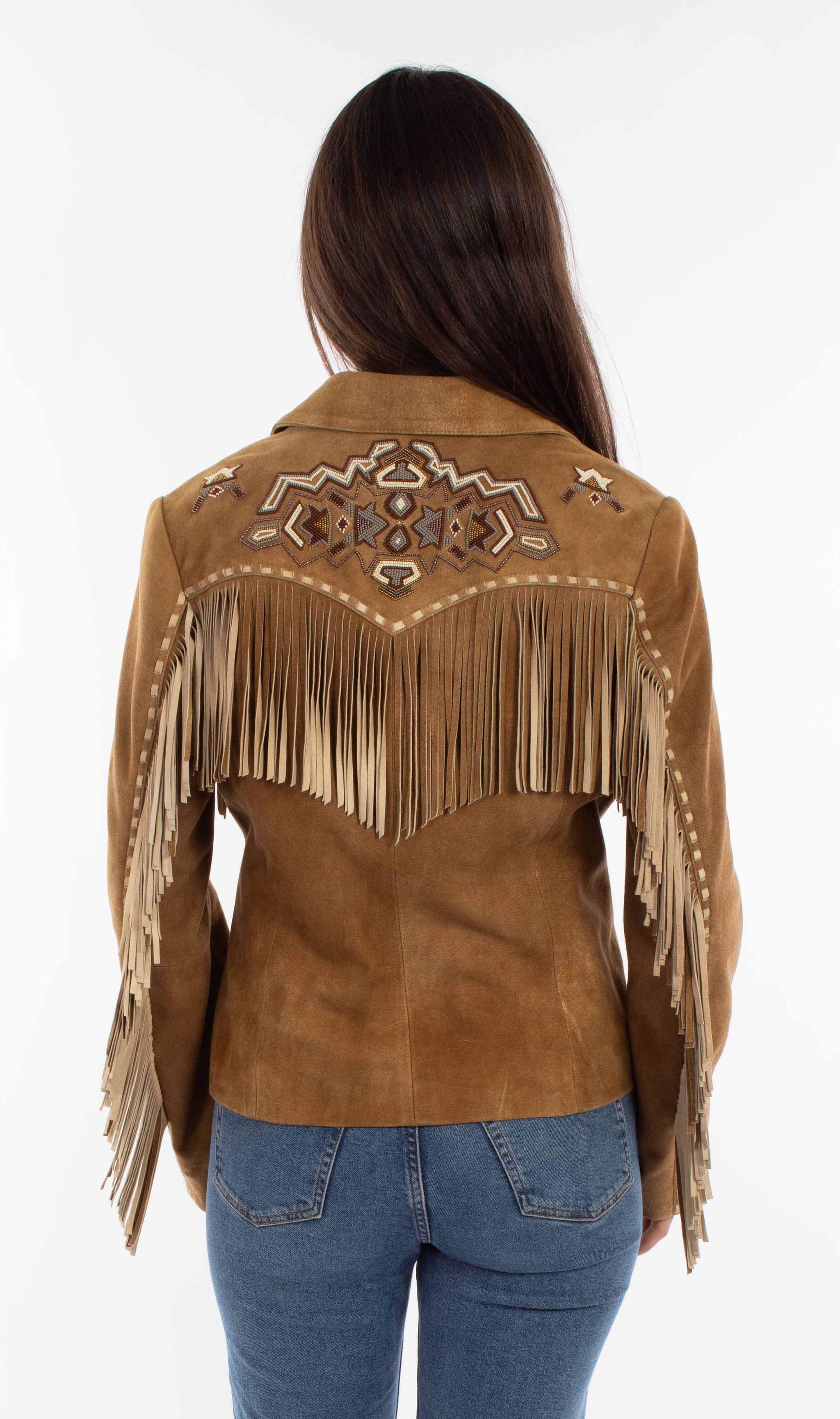 Leatherwear womens 100% leather Tan Ladies beaded/fringe jacket - Scully Leather - Flyclothing LLC