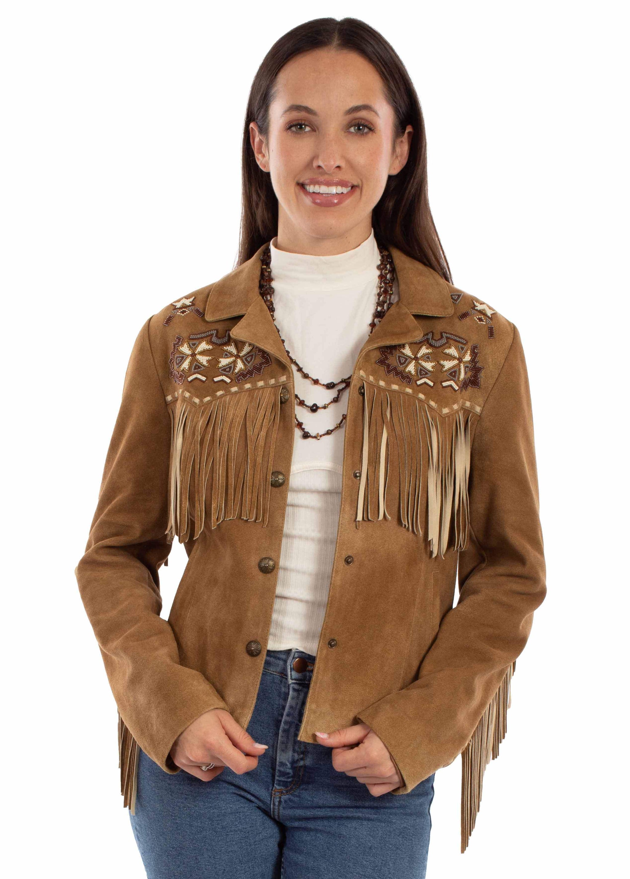 Leatherwear womens 100% leather Tan Ladies beaded/fringe jacket - Scully Leather - Flyclothing LLC