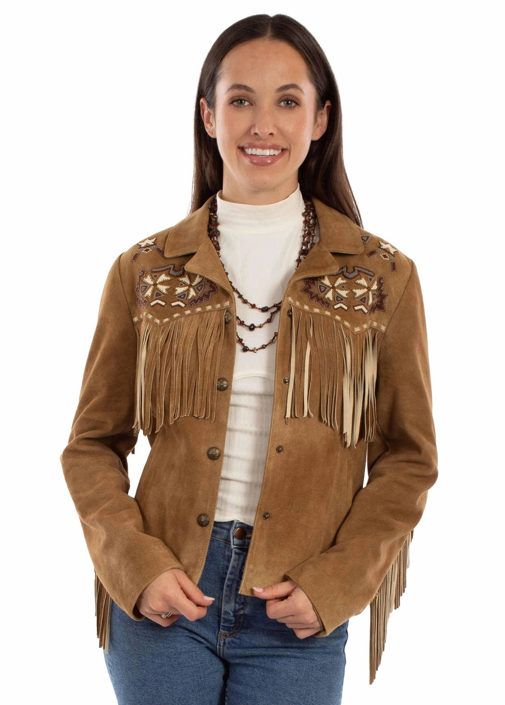 Leatherwear womens 100% leather Tan Ladies beaded/fringe jacket - Scully Leather
