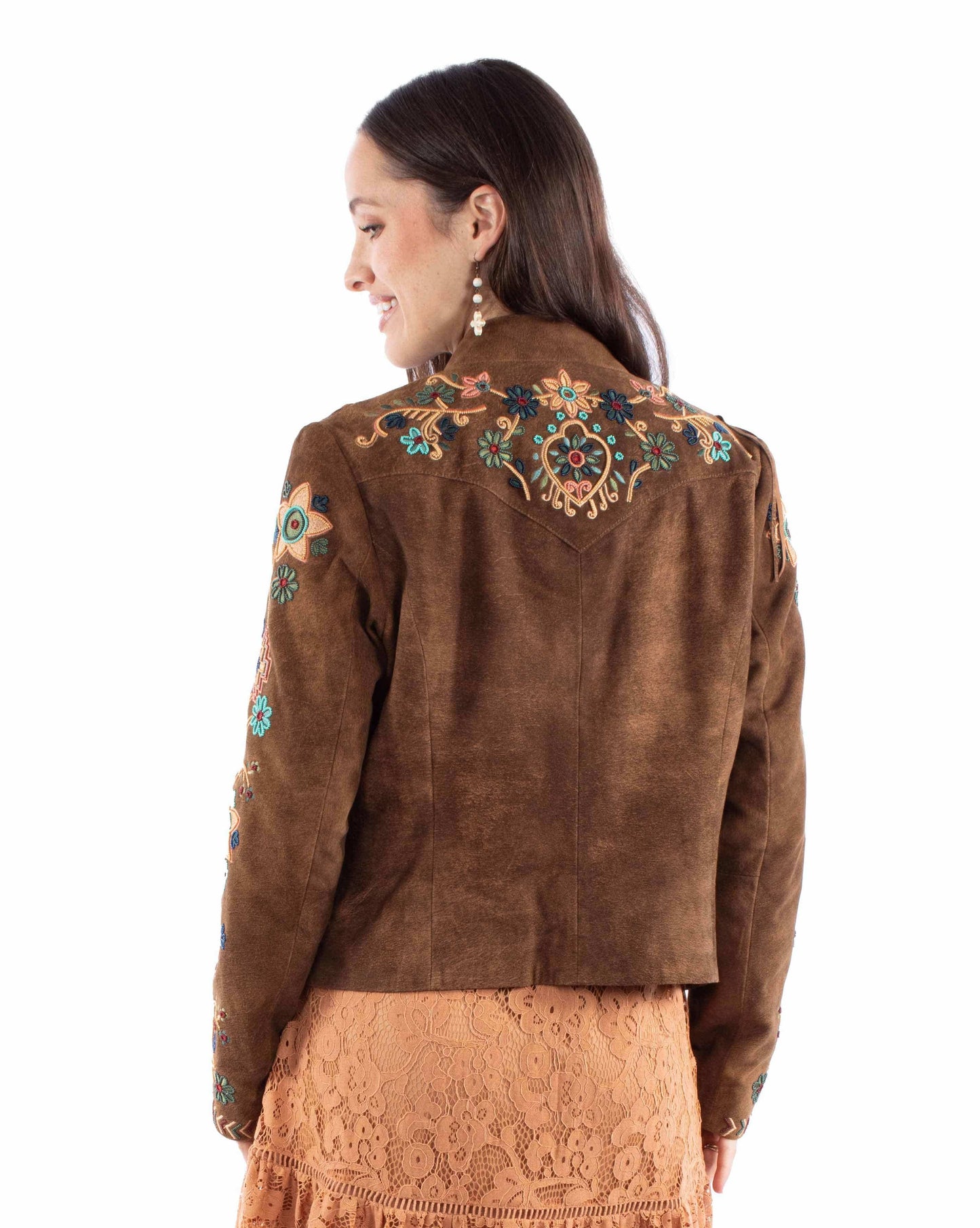 Leatherwear womens 100% leather Brown lamb suede Beaded/fringe jacket - Scully Leather - Flyclothing LLC