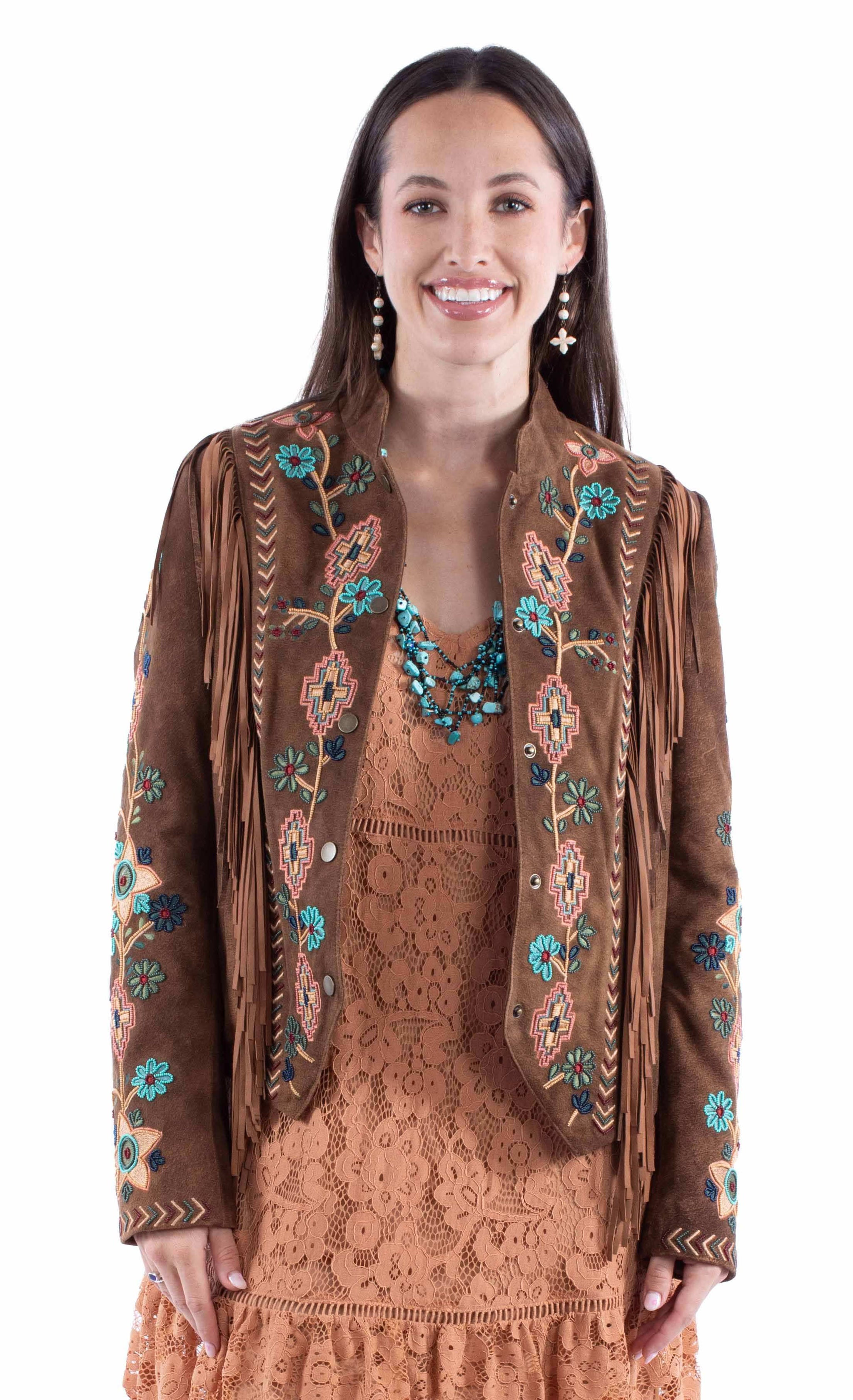 Leatherwear womens 100% leather Brown lamb suede Beaded/fringe jacket - Scully Leather - Flyclothing LLC
