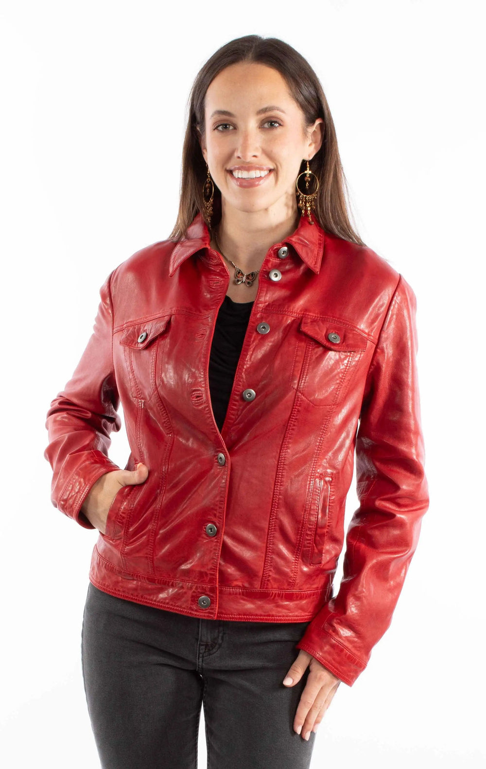 leatherwear womens vintage red 100% leather ladies jean jacket - Scully Leather