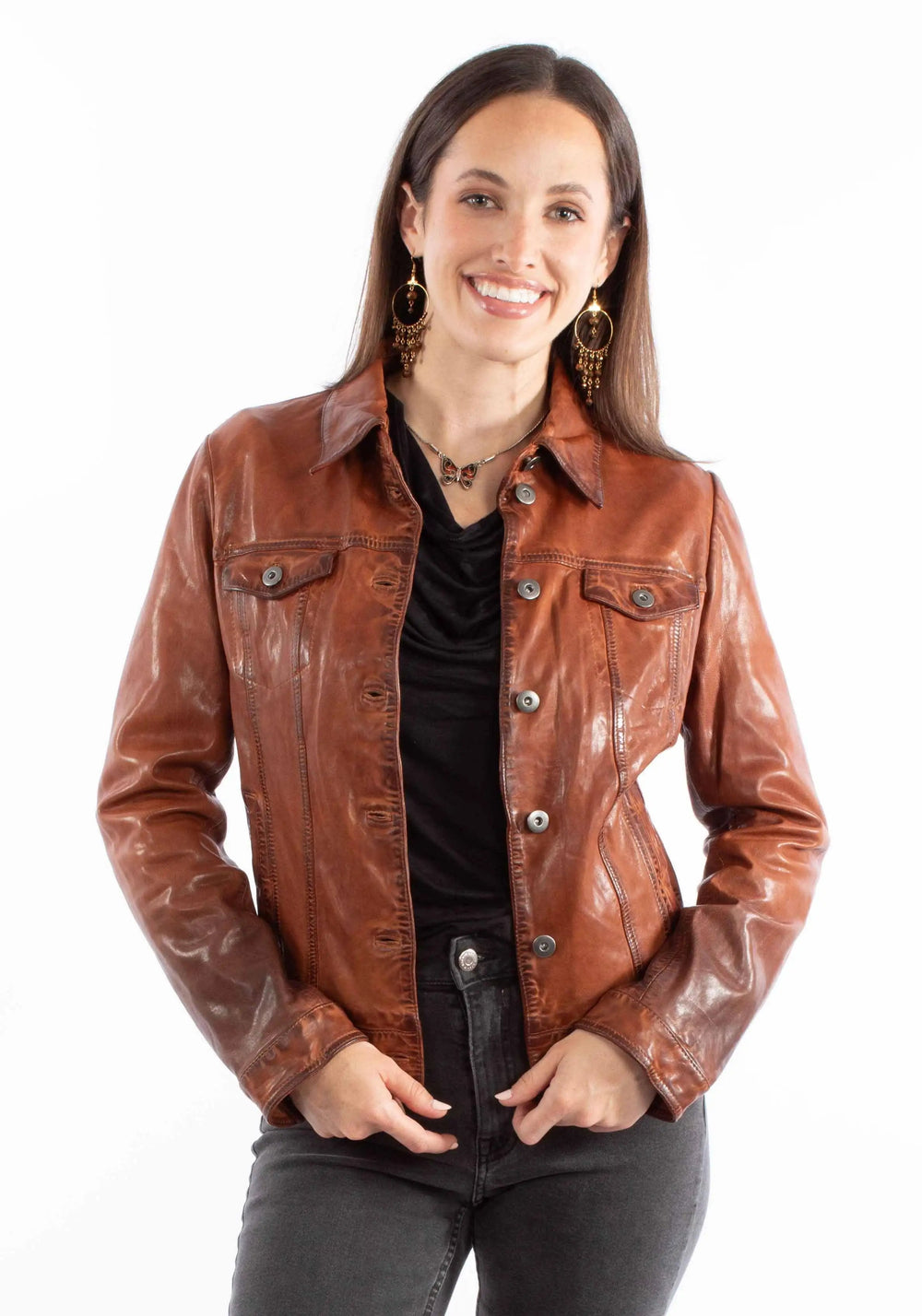Leatherwear womens 100% leather Vintage brown Ladies jean jacket - Scully Leather
