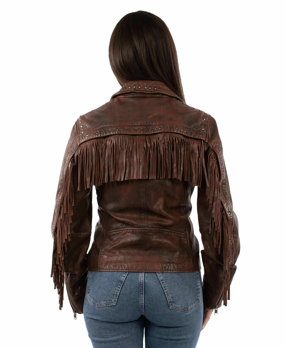leatherwear womens cognac 100% leather ladies studded fringe jacket - Scully Leather - Flyclothing LLC
