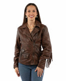 leatherwear womens cognac 100% leather ladies studded fringe jacket - Scully Leather