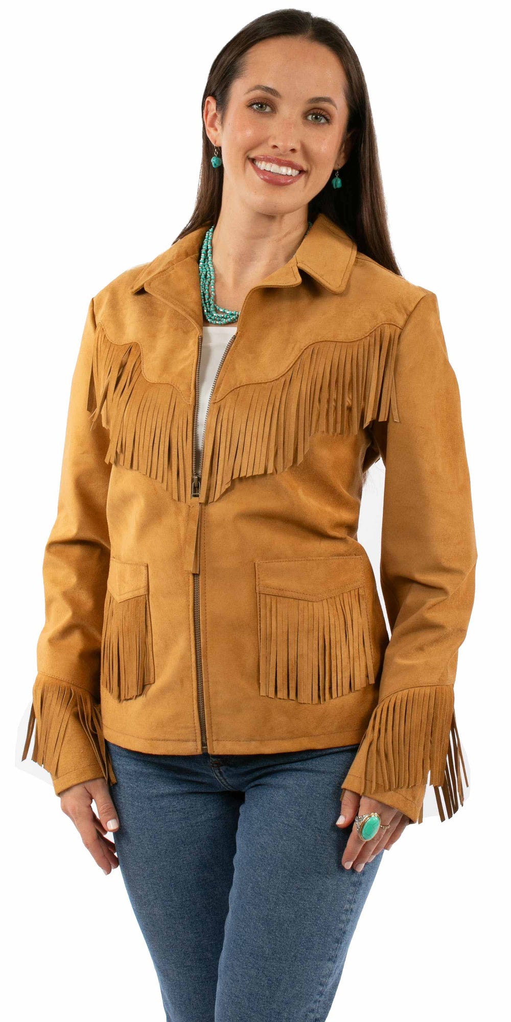 leatherwear womens tan 100% leather ladies fringe embro - Scully Leather