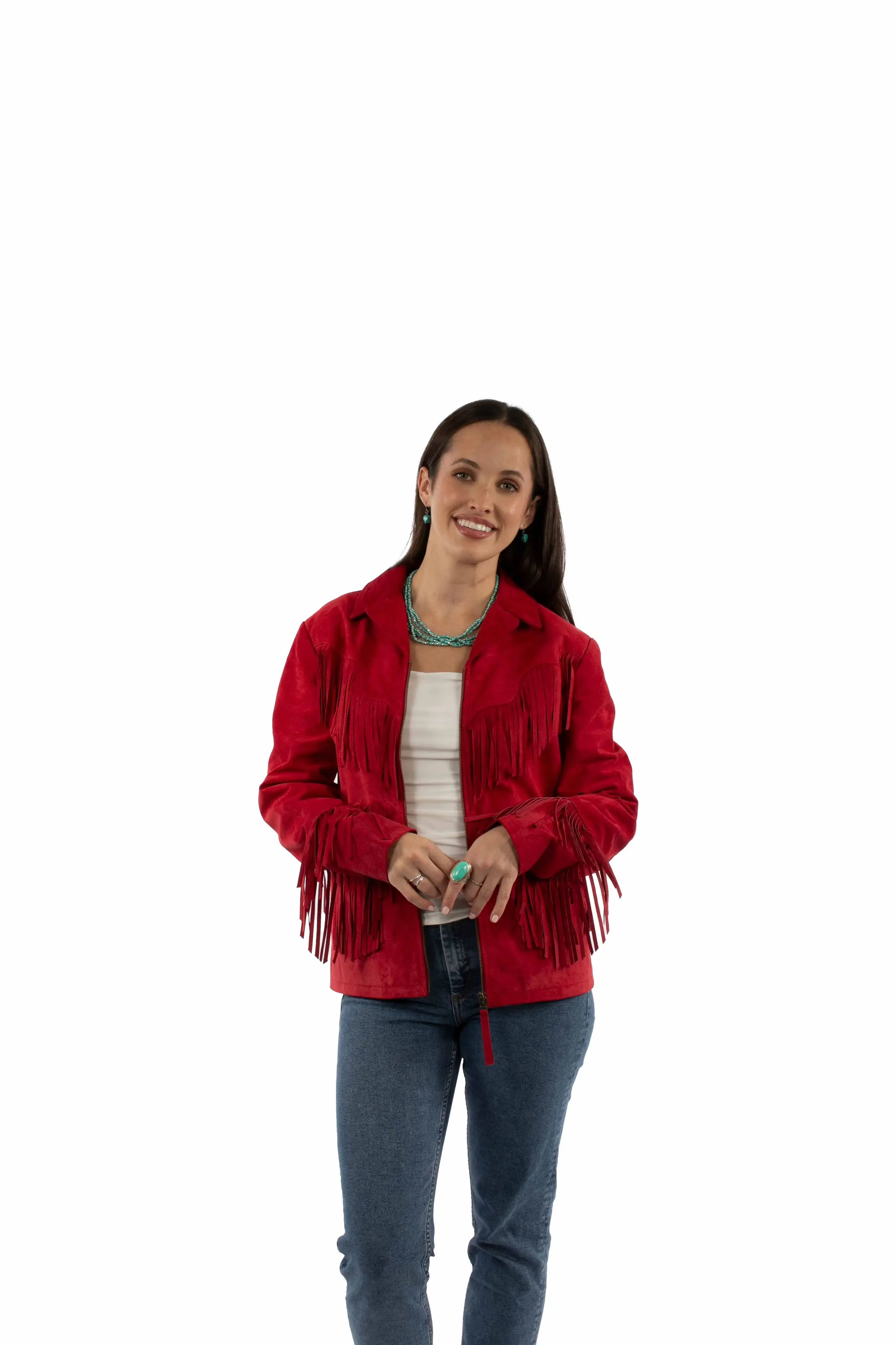 leatherwear womens red suede 100% leather ladies fringe embro - Scully Leather - Flyclothing LLC