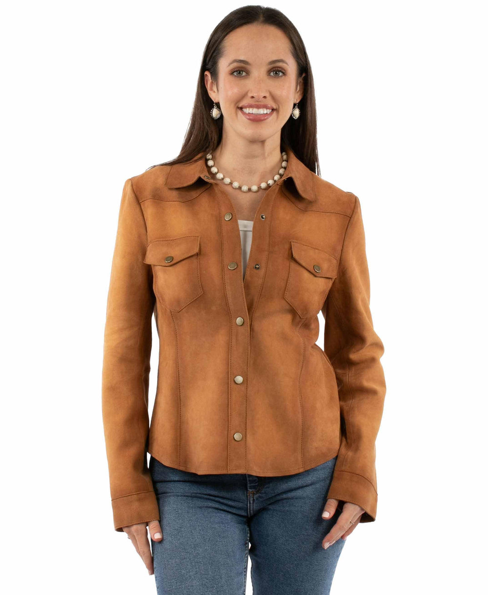 leatherwear womens tan 100% leather ladies shirt jacket - Scully Leather