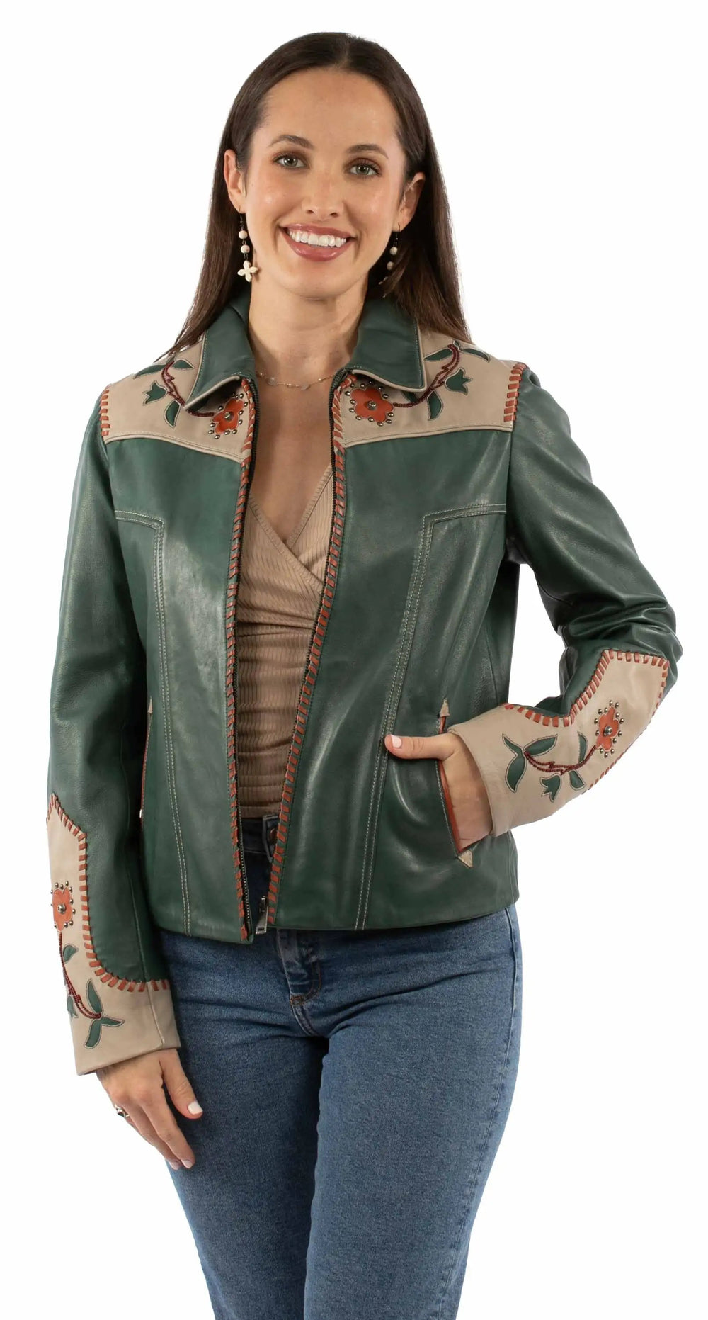 Leatherwear womens 100% leather Teal Ladies zip front jacket - Scully Leather