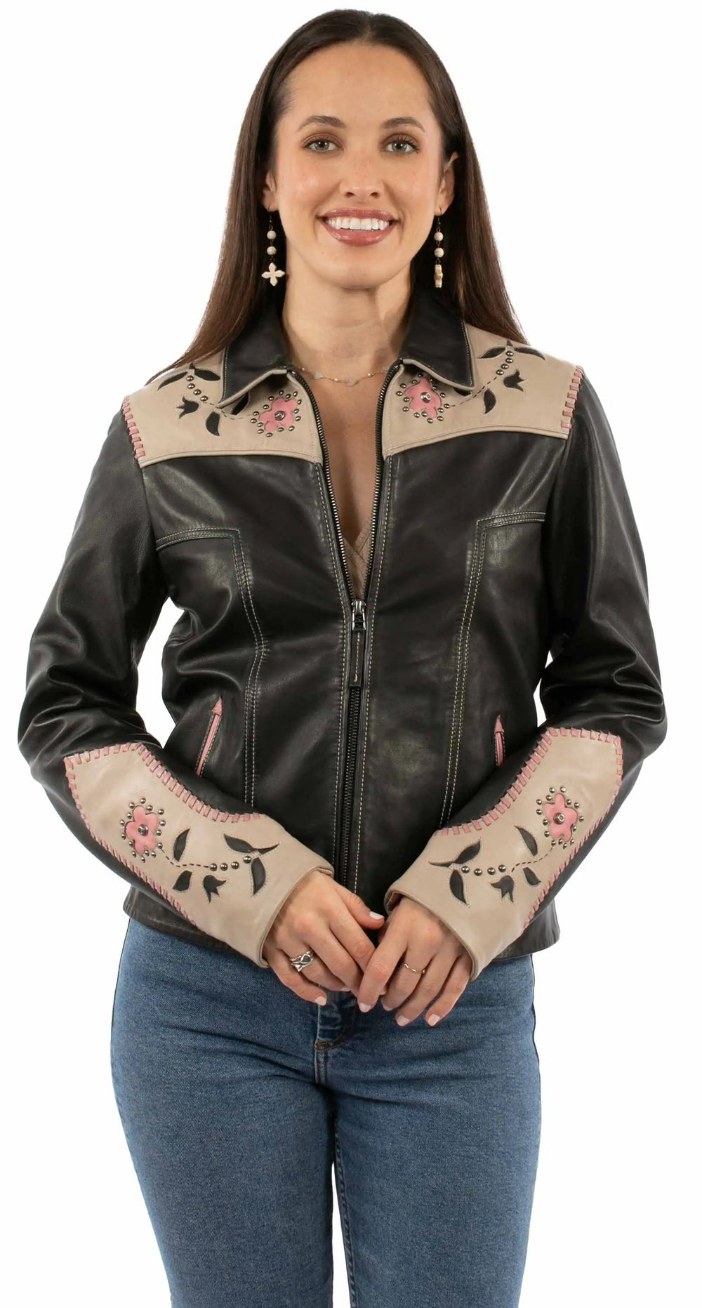Leatherwear womens 100% leather Black Ladies zip front jacket - Scully Leather