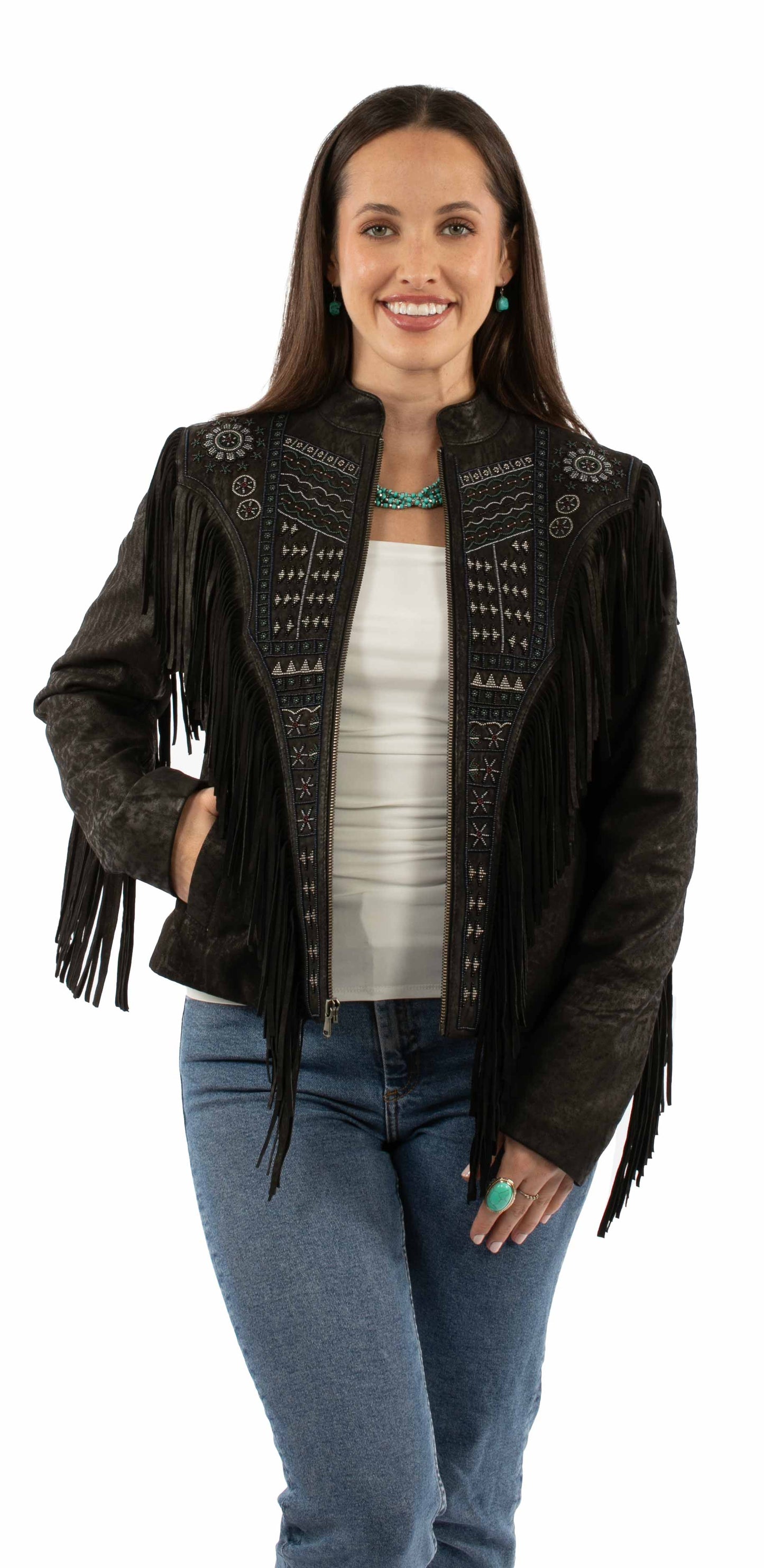 Leatherwear womens 100% leather Black Beaded jacket - Scully Leather - Flyclothing LLC