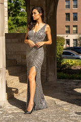 Lara 29528 - Thigh High Slit Beaded Gown