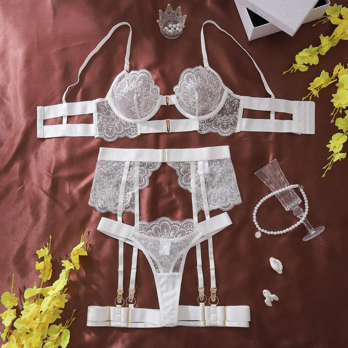 Bridal Elegance Lace 4 Piece Lingerie Set - Lingerie By Coco - Flyclothing LLC