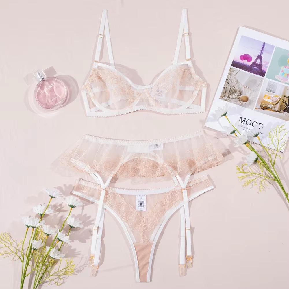 Champagne Petal Sheer Lace 3 Piece Lingerie Set - Lingerie By Coco - Flyclothing LLC