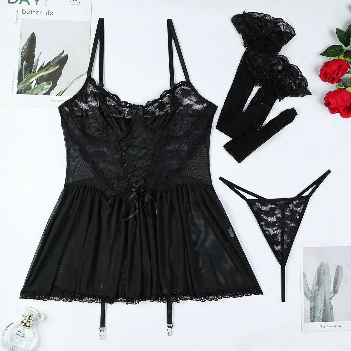Celeste Black Babydoll 3 Piece Lingerie Set - Lingerie By Coco - Flyclothing LLC