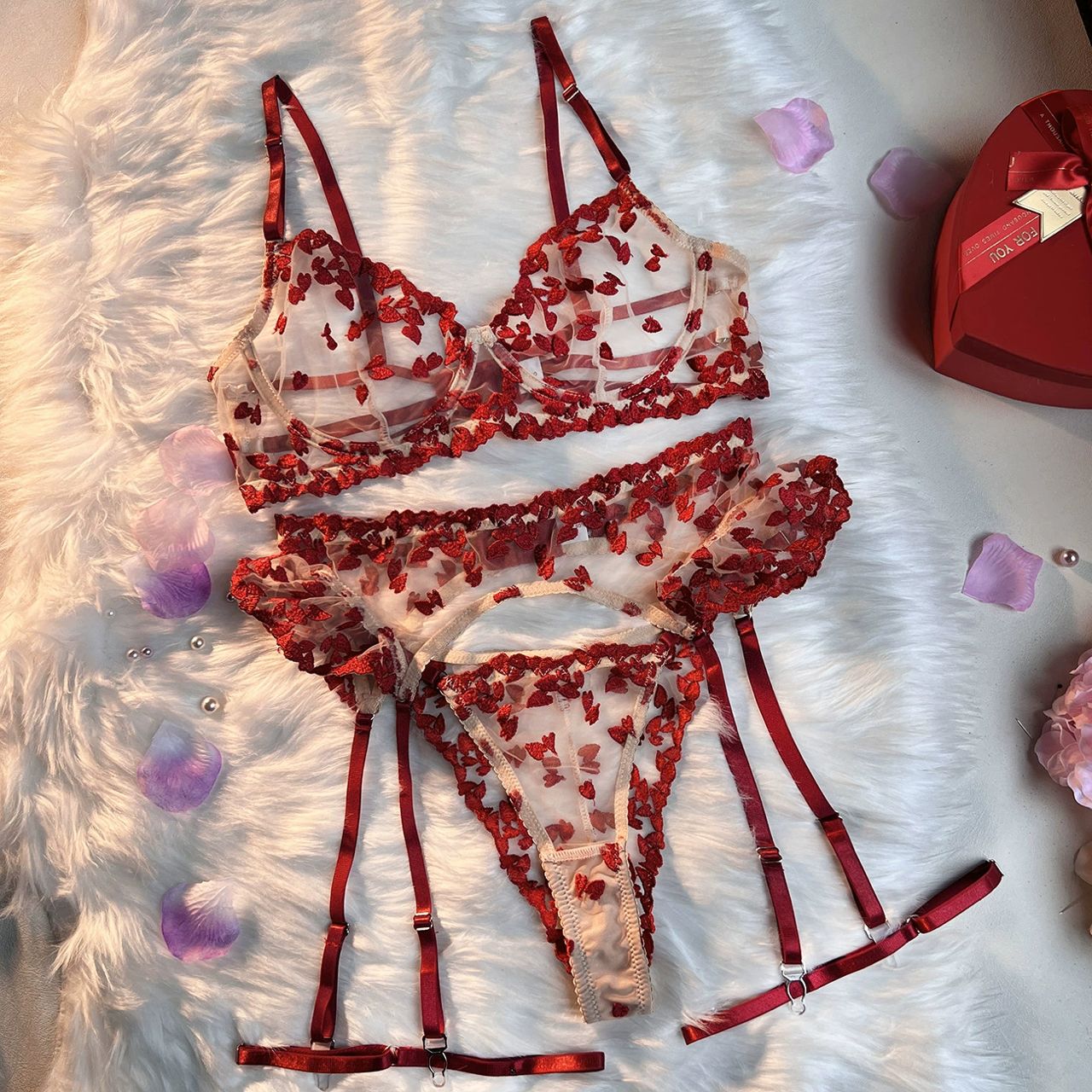 Heartstrings Embroidered 4 Piece Lingerie Set - Lingerie By Coco - Flyclothing LLC