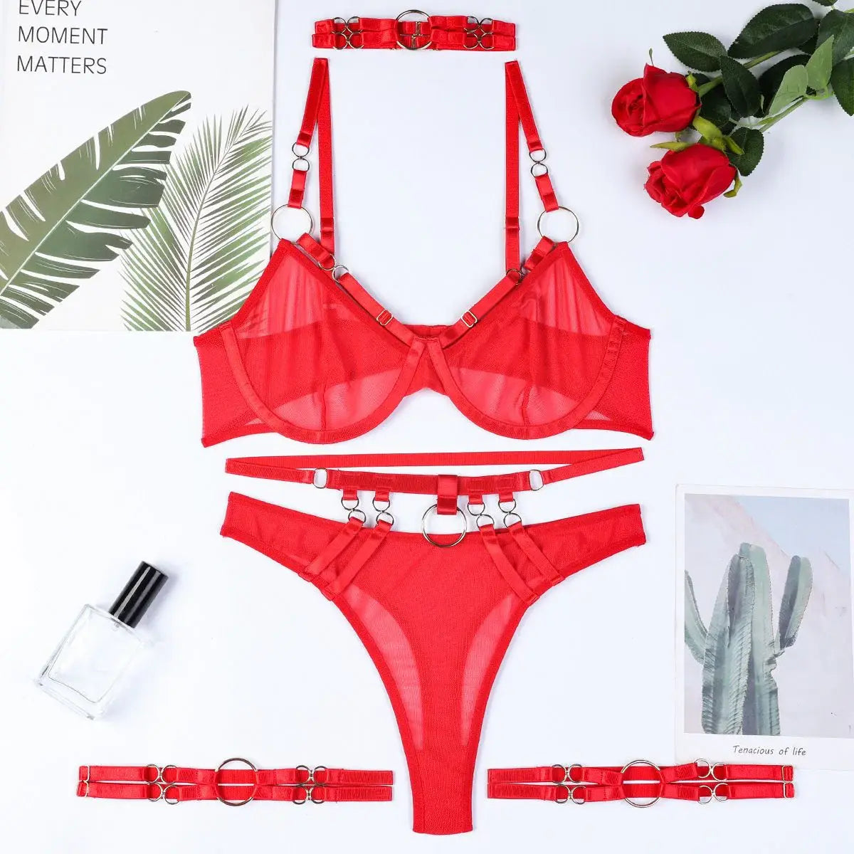 Obsession Strapped 4 Piece Sheer Lingerie Set - Lingerie By Coco - Flyclothing LLC